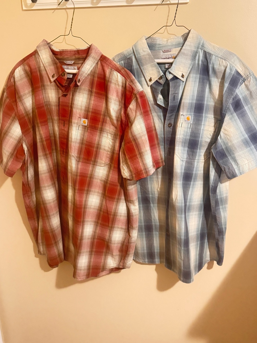 Carhartt Men’s Red Plaid and Blue Plaid Short-Sleeve Button-Down Shirts